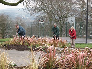 Hoeing the Memorial Beds (notice the new basketball fence behind) 